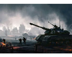 Fotobehang tanks en soldaten in actie voor de gamekamer, met een dynamisch slagveld van tanks en strategische soldaten in een gedetailleerd landschap.