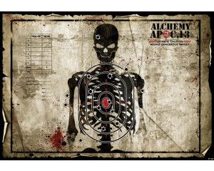 Fotobehang van een schietkaart met een skelet en target, robuust en industrieel.