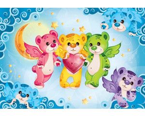Fotobehang met teddyberen en regenboogkleuren, speciaal ontworpen voor kinderkamers en babykamers.