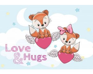 Fotobehang van vliegende teddyberen met harten en wolken, zacht en schattig.