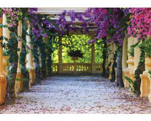 Balkon met bloemen, fotobehang met een 3D-weergave van bloemen en een prachtig uitzicht.