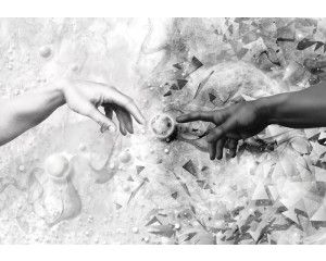 De Schepping van Adam, imitatie fotobehang van een abstract kunstwerk voor een artistieke sfeer.