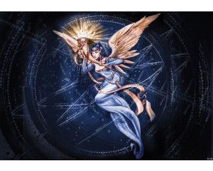 Fotobehang van de triomfantelijke engel in vuur en licht.