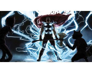 Fotobehang Thor God of Thunder met Groot en Rocket Raccoon uit Marvel.