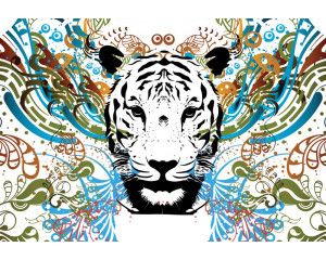Fotobehang van een tijger met abstracte kunst, gedurfd design.