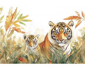 Fotobehang met artistieke palmbomen in zwart-witte illustratiestijl.