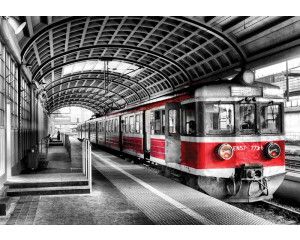 Fotobehang van een treinstation, sfeervol en historisch.
