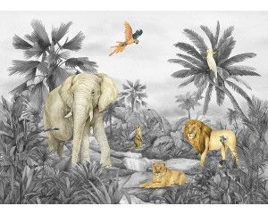 Een fotobehang met tropisch dierenparadijs, waarin een leeuw, olifant en papegaai te zien zijn in een sfeervolle jungle met een speels kleurcontrast.