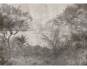 Fotobehang met een tropisch meer in vintage stijl, gedomineerd door groen-grijze tinten, perfect voor een rustieke en tijdloze uitstraling.