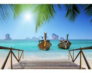 Fotobehang Tropische Zeezicht met Bootjes en Palmbladeren