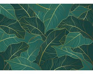 Een fotobehang met tropische bladeren in smaragdgroen en goud.