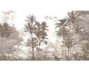 Fotobehang van tropische bomen en planten in een dichte jungle, met een serene sfeer.