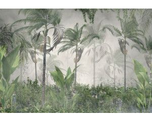 Tropische bomen en planten in een dichte jungle, afgebeeld op een kleurrijk natuur fotobehang.