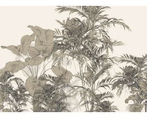 Fotobehang met een levendige tropische compositie, vol exotische bladeren, bloemen en warme tinten, perfect voor een energieke en natuurlijke uitstraling.