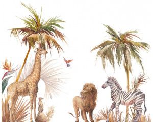 Tropische dieren die in een weelderige jungle leven, kleurrijk afgebeeld op dit fotobehang.