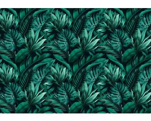 Tropische junglebladeren op een botanisch fotobehang, dat een frisse en weelderige sfeer brengt.