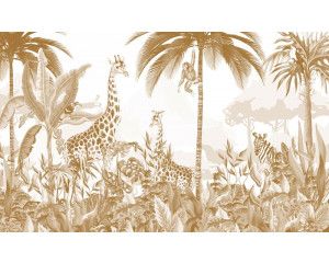 Fotobehang van een tropische jungle met dromerige dieren en taupe terracotta accenten, perfect voor een speelse kinderkamer.