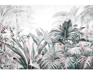 Fotobehang van tropische planten en bladeren uit de jungle, weergegeven in een botanische stijl.
