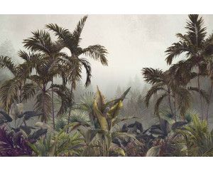 Tropische planten en bloemen, gehuld in nevel, afgebeeld op een fotobehang van een weelderige jungle.