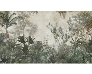 Een weelderig tropisch landschap met palmbomen en jungle, afgebeeld op een fotobehang van de natuur.