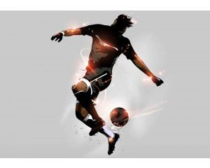 Fotobehang van een voetbaltruc waarbij de bal door een speler op spectaculaire wijze wordt gecontroleerd en gepresenteerd.