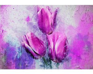 Roze tulpen geschilderd op fotobehang, elegant en kleurrijk.