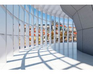 Fotobehang met een 3D-tunnel, stadsuitzicht en een panoramisch beeld van een stedelijk landschap.