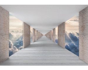 Tunnel fotobehang met uitzicht op wolken in een 3D-effect, waardoor het beeld lijkt te zweven.