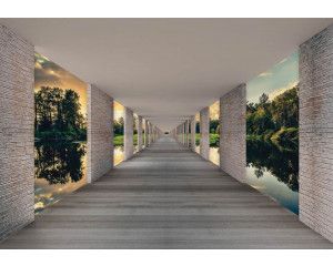 Tunnel fotobehang met uitzicht op een meer, weergegeven in een 3D-effect met zonsondergang in de verte.
