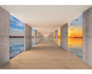 Fotobehang met een 3D-tunnel en een uitzicht op een meer tijdens een kleurrijke zonsondergang.
