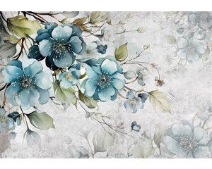 Turquoise bloemen zijn afgebeeld op dit fotobehang, met een kunstzinnige en serene uitstraling.
