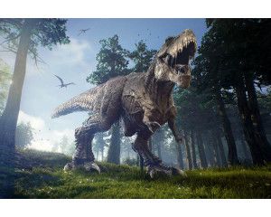 Tyrannosaurus Rex brult in een machtig en gedetailleerd fotobehang, dat de kracht van deze dinosaurus benadrukt.