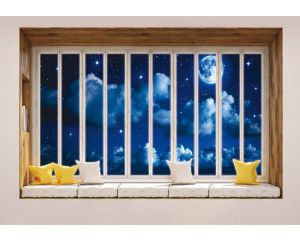 Fotobehang met uitzicht op de volle maan en de zee, gezien door een raam met 3D-perspectief.