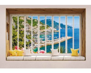 Uitzicht op de stad en zee door een raam met 3D-perspectief op fotobehang.