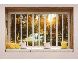 Waterval in een bos met bomen, zichtbaar door een raam met 3D-perspectief op fotobehang.