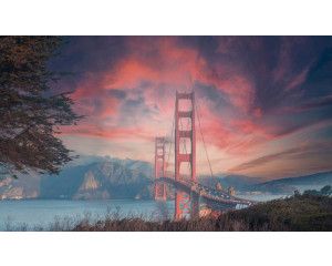 De iconische Golden Gate Bridge in San Francisco, afgebeeld op een gedetailleerd fotobehang.