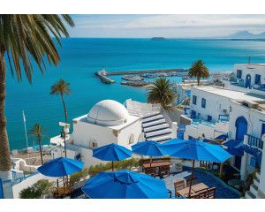 Fotobehang van een uitzicht op de haven in Tunesië, met mediterrane sfeer en blauwe wateren.