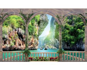 Fotobehang met een uitzicht op rotsen en een helder meer vanaf een terras, met een 3D-effect.