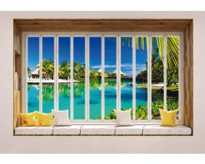 Uitzicht op Hawaii door een raam in 3D-perspectief op een tropisch fotobehang.