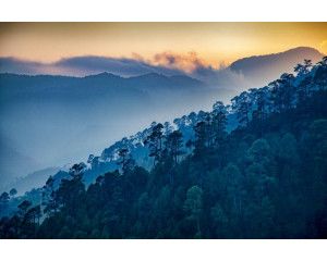 Fotobehang van een weids uitzicht op een berggebergte, met bergen omringd door dichte bossen.
