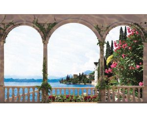 Fotobehang met uitzicht op een meer vanaf een terras, 3D-effect voor dieptewerking.