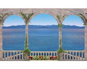 Balkon uitzicht op zee, fotobehang met Griekse zuilen en een prachtig zeezicht voor een luxueuze sfeer.