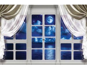 Uitzicht op zee en de maan door een raam met 3D-effect op een nachtelijk fotobehang.