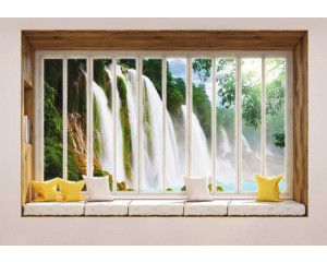 Uitzicht op een grote waterval door een raam op 3D-fotobehang.