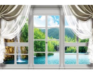 Uitzicht op een waterval in een berglandschap met 3D-effect op fotobehang.