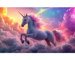Fotobehang met een unicorn die hoog in de wolken zweeft, omringd door een regenboog en sterren.