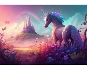 Fotobehang van een eenhoorn in Wonderland, met een sprookjeskasteel en regenboog in prinsessenstijl.