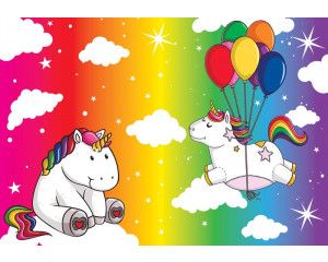 Unicorn fotobehang met regenboog voor kinderkamers, magisch en vrolijk.