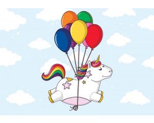 Fotobehang van een unicorn met ballonnen in de lucht, perfect voor een babykamer of kinderkamer.