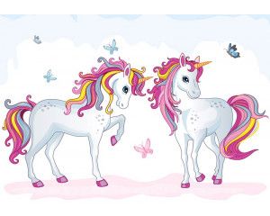 Fotobehang met kleurrijke unicorns, geschikt voor kinderkamers.